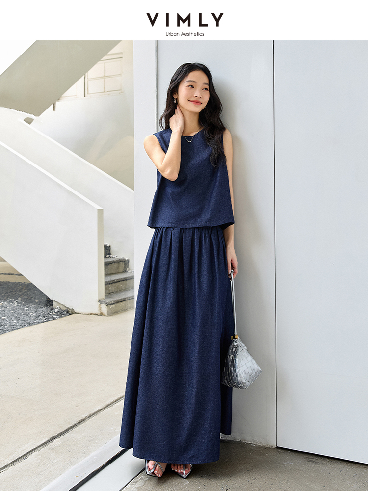 Summer Clothing Linen - VIMLY Summer 2 Piece Denim Skirt