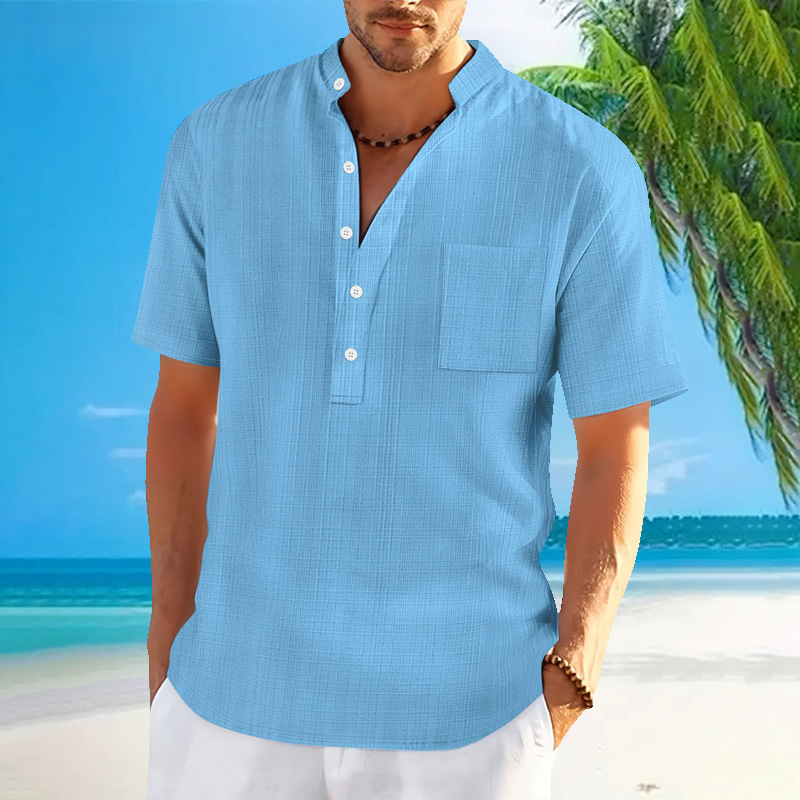Summer Clothing Men Linen - New men's standing collar short sleeved