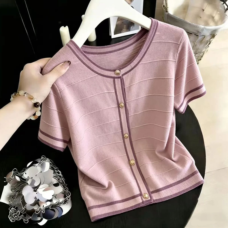 Summer Clothing Yarn - Fashion O-Neck Spliced Knitted Sweater Women
