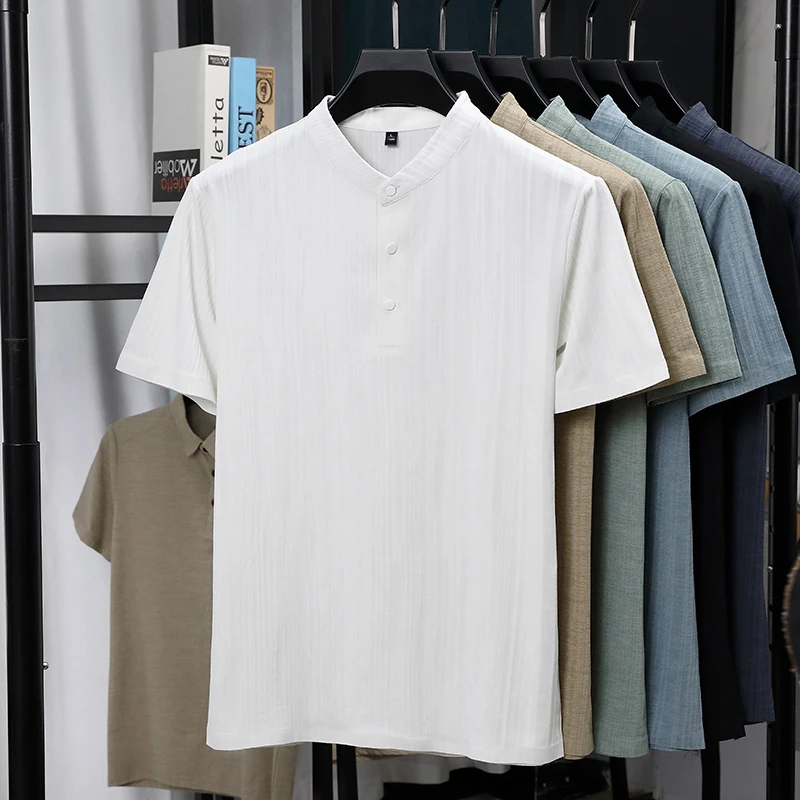 Mens Mandarin Collar Half Plac – Summer Clothing Linen Bewertung und Preis